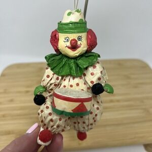 Vintage‎ Paper Mache Clown Playing Drum Band Christmas Ornament Red Green Taiwan